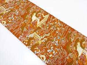 屋敷に御所車・草花模様織り出し　袋帯